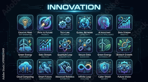 A futuristic icon sheet featuring various conceptual symbols and graphics representing innovation and technology on a dark background with blue accents.