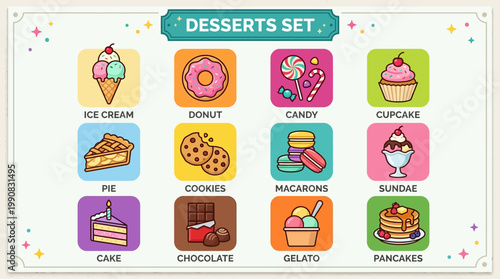 Colorful illustrations of desserts set including ice cream, donut, candy, cupcake, pie, cookies, milkshake, sundae, cake, chocolate, gelato, pancakes.