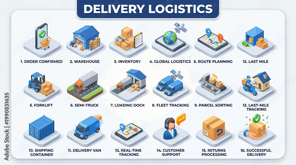 Fototapeta premium The isometric icon sheet depicts various delivery logistics elements including cargo, forklift, truck, tracking, planning, and shipping.
