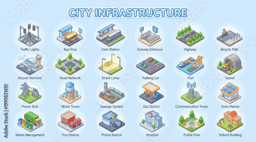 Isometric icon set depicts various city infrastructure elements like buildings, roads, and utilities in a detailed illustration.
