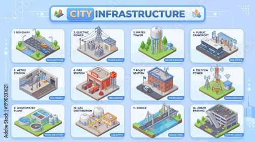 Isometric icon set depicts various city infrastructure elements including buildings, roads, and facilities.