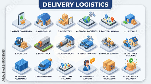 The isometric icon sheet depicts various delivery logistics elements including cargo, forklift, truck, tracking, planning, and shipping.