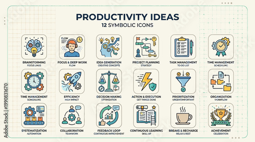 Productivity ideas icons depict business efficiency strategies and workflow optimization techniques