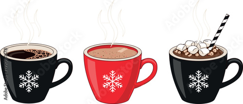 Set of cozy winter beverage mugs including black coffee and hot chocolate with marshmallows and snowflake designs on cups.