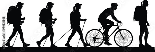 Silhouettes of people hiking and cycling outdoors showcasing active lifestyles and recreational pursuits high quality professional detailed modern elegant stylish clean