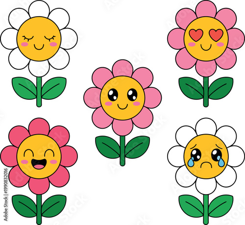 Cute cartoon flowers with different emotive smiling faces expressions  happy and sad
