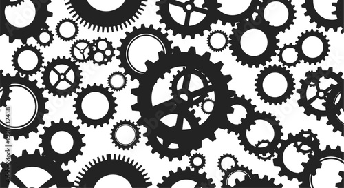 Professional seamless repeating pattern of various black mechanical gears and cogs in different sizes on a clean white field.