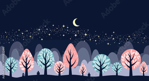 Whimsical forest landscape at night features stylized trees in pastel colors under a bright starry sky and moon.