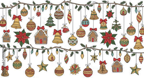 Detailed festive pattern of hand-drawn Christmas ornaments hanging from green branches including bells and stars.