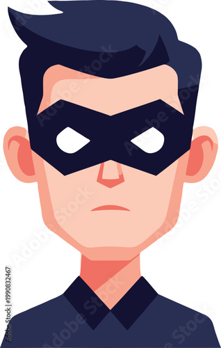 Mysterious masked man avatar vector, thief or superhero character portrait, flat design male bandit icon with black eye mask and dark hair