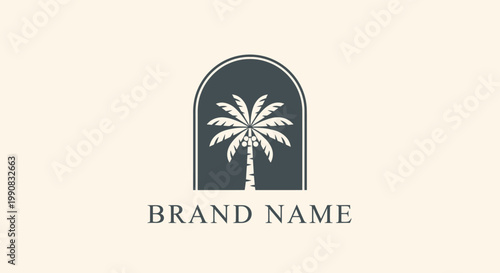 Logo design with palm tree and brand name.