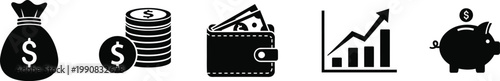 Financial icons silhouette money wallet growth and savings representation