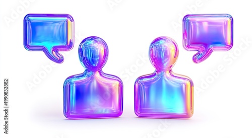 Two holographic figures with speech bubbles convey digital communication