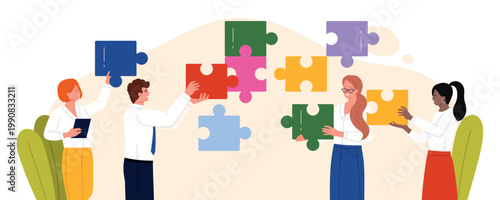 Business people collaborating to assemble large colorful puzzle pieces, symbolizing teamwork, problem solving, strategy partnership in modern office environment, isolated on white vector illustration