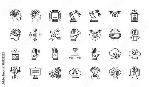 Modern AI technology UI icons vector set with machine learning robotics chip drone and data network symbols