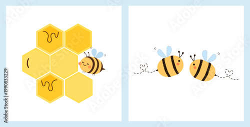 Cute bee with honeycomb and flying bees pastel illustration sweet nature design.