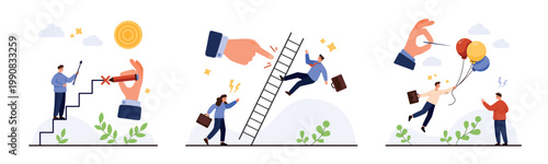 Business people facing obstacles risk failure sabotage unfair competition and career problems with broken ladders stairs and balloons isolated on white background vector illustration