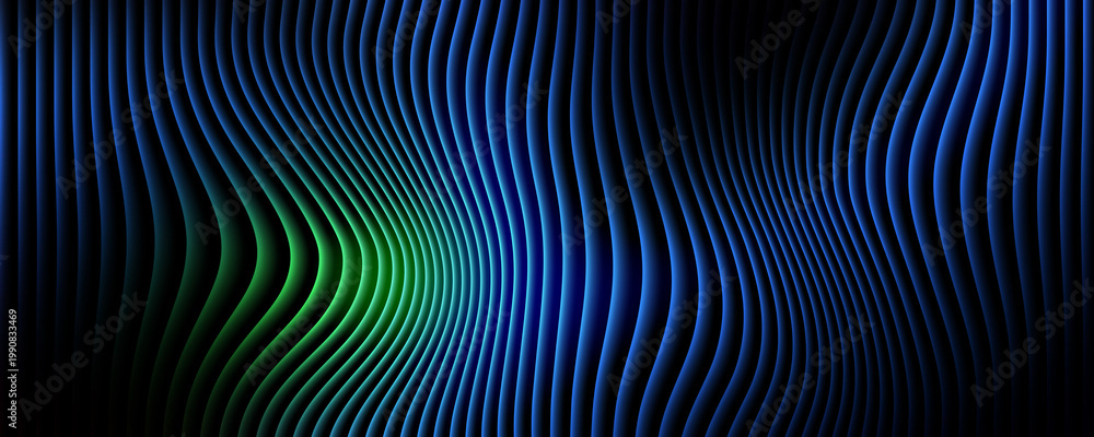 Fototapeta premium Abstract background, with vertical wavy, lines in glowing, blue and green, gradients on black backdrop
