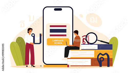 People learning Thai language online with smartphone app, books and teacher, modern education concept for language school, study abroad and e-learning, isolated on white background vector illustration