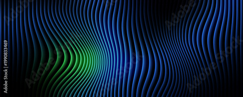 Abstract background, with vertical wavy, lines in glowing, blue and green, gradients on black backdrop