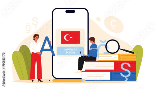 People learning Turkish language online with smartphone app, books and magnifying glass, modern education concept for language school and e-learning courses, isolated on white vector illustration