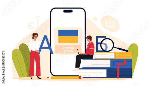 People learning Ukrainian language online with smartphone, books, alphabet letters, modern education course for students, tutors, flat style design, vector illustration