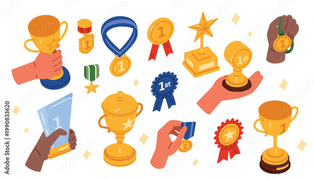© Flash Vector - Colorful isometric set of first place trophies, medals, ribbons and prize cups held by diverse hands, perfect for success, achievement and winner concepts, isolated on white background vector