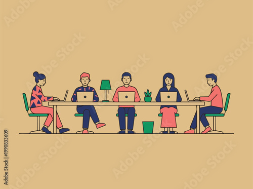 Flat illustration of a diverse group of people working on laptops at a long table with office supplies on a solid background.