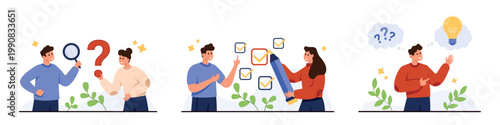 People searching for answers solving problems making decisions brainstorming creative solutions with question marks checklists light bulb icons isolated on white background vector illustration