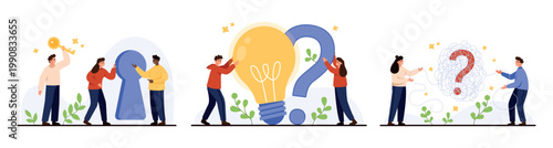Quadro su tela People collaborating with key, lightbulb and question mark, concept of teamwork,