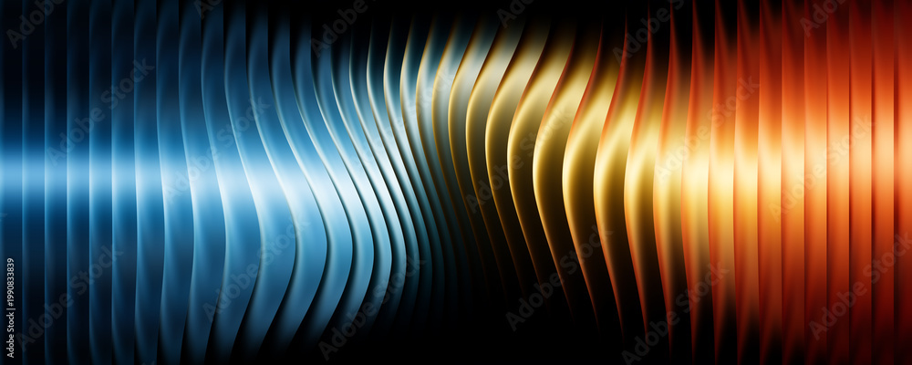 Fototapeta premium Abstract background, with vertical wavy, metallic fins in, gradient blue, gold, and orange light transitions