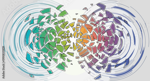 Symmetrical explosion of shattered geometric fragments flying outward in a colorful radial pattern on a gray base.