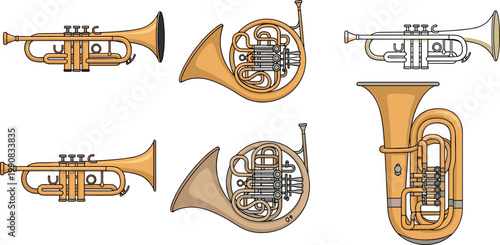 Brass musical instruments set with trumpet french horn and tuba classical orchestra band vector illustration collection isolated