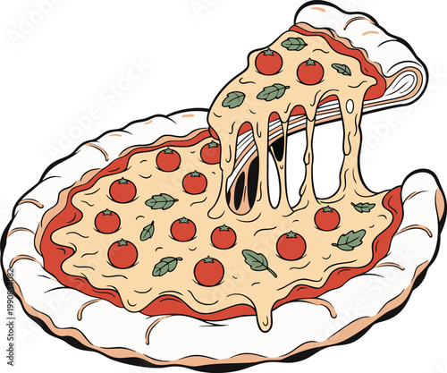 Delicious tomato pizza slice being lifted vector illustration