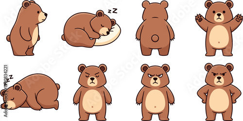 Set of cute brown grizzly bear characters in various poses sleeping standing and angry isolated on white background vector illustration