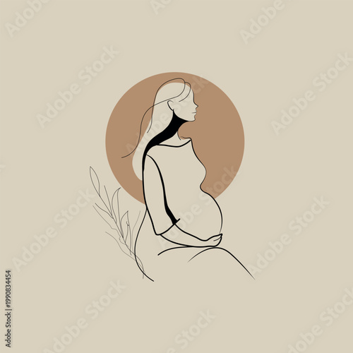 Minimalist pregnant woman illustration for Mother’s Day concept. Elegant maternity line art with expecting mother silhouette