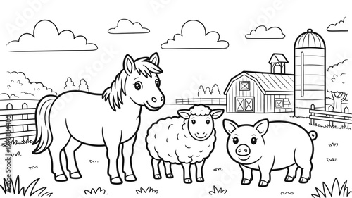 A friendly horse, a woolly sheep, and a cheerful pig stand together on a farm with a barn.