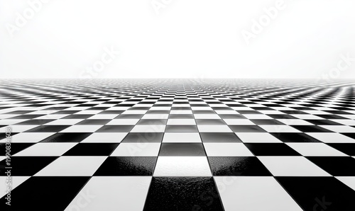 Infinite black and white checkered floor receding into bright horizon