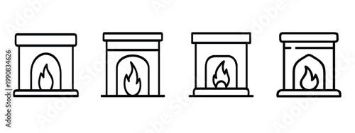 Fireplace line icons set home interior hearth wood burning furnace winter stone fireplace cozy house chimney warm bonfire flame & more vector illustration with editable stroke.