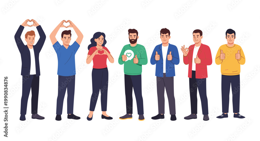 Fototapeta premium Diverse group of young men and women standing together showing positive hand gestures like hearts and thumbs up signs on a white background.