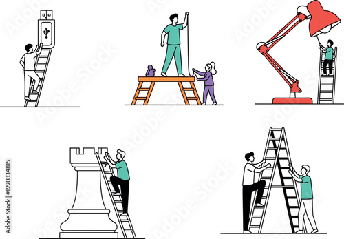 Business growth concept with ladders teamwork strategy and problem solving steps success metaphor vector illustration set