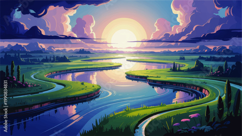 Dreamy sunset river landscape illustration with winding waterway, glowing sky, pastel clouds, green meadows, and serene reflections