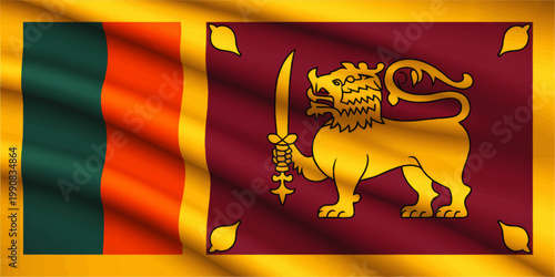 Waving Sri Lanka Flag Illustration with Golden Lion Sword and Red Green Orange Panels, Patriotic National Symbol Background