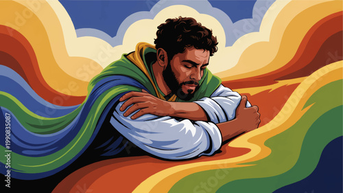 Contemplative Bearded Man Resting on Folded Arms in Vibrant Abstract Landscape, Modern Spiritual Illustration Art