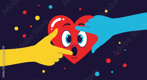 Expressive red heart character with a surprised face being pointed at by a yellow hand and a blue hand against a dark starry sky background.