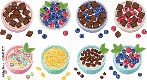 Breakfast cereal bowls with chocolate pieces berries and colorful loops healthy morning food vector illustration collection