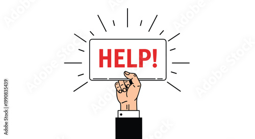Large human hand raising a white rectangular sign with the word HELP in bold red text against a white background with stylized light rays.