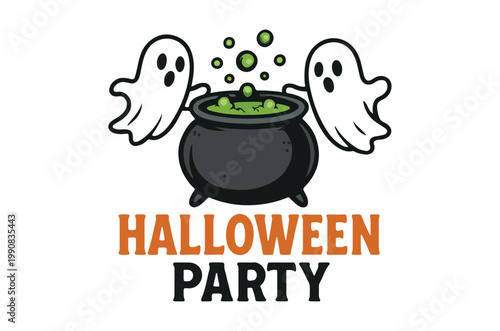 Two cartoon ghosts hover over a bubbling cauldron with halloween text
