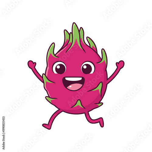 Happy cartoon dragon fruit character running with arms raised keywords: dragon fruit, pitaya