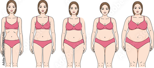 Female Body Type Collection Showing Weight Stages and Physical Transformation for Medical Infographics, Body Positivity Campaigns, Healthcare Blogs, and Fitness Progress Visualization